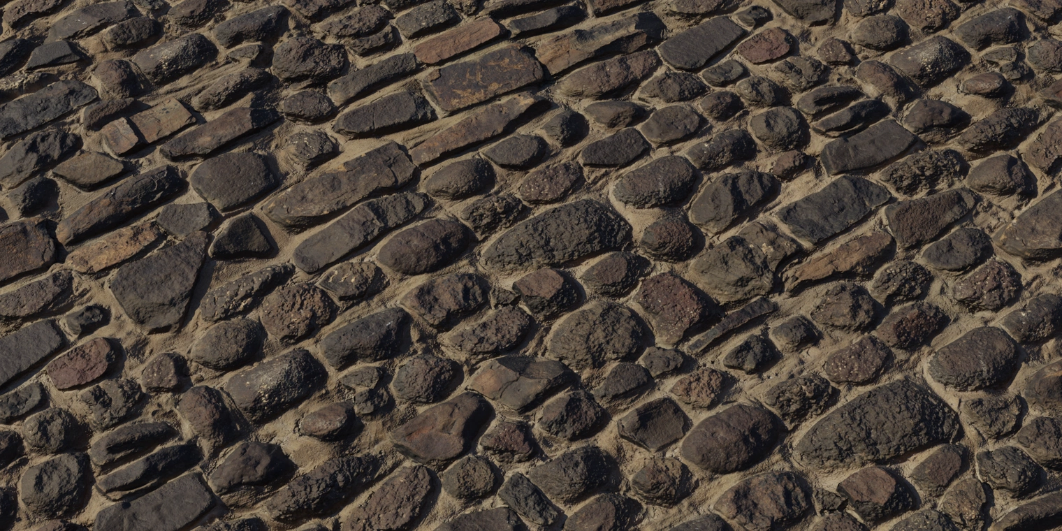 Free 8K rock wall texture featuring rounded cobbles in sandy mortar, dark brown to reddish tones, slightly wet sheen, strong relief and rough variation.