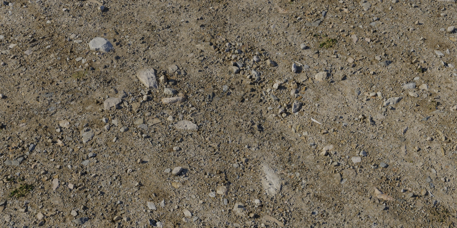 Free 8K texture of rough, gravelly ground with scattered pebbles, stones, soil and plant debris; uneven, coarse surface with varied tones.