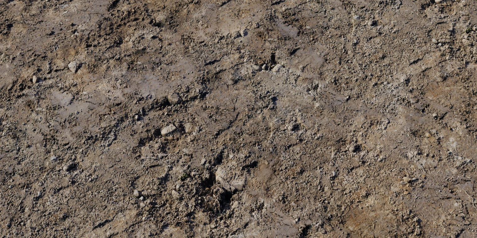 Free 8K texture of rough, muddy ground with scattered rocks, gritty dirt, damp patches and subtle footprints, an uneven, organic gravel terrain surface.