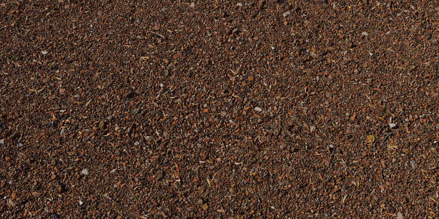 Free 8K texture of rough reddish-brown rocky gravel - dense small stones, dirt and leaf fragments creating a gritty, uneven ground surface.