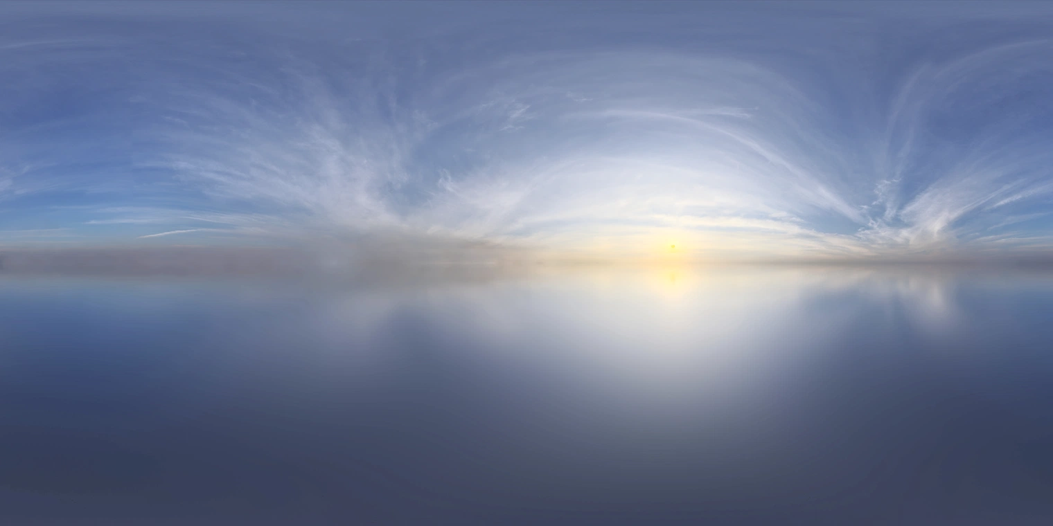 Free 16K unclipped HDRI: a pure, partly cloudy sunrise with a warm low sun, serene blue tones and medium-contrast natural lighting.