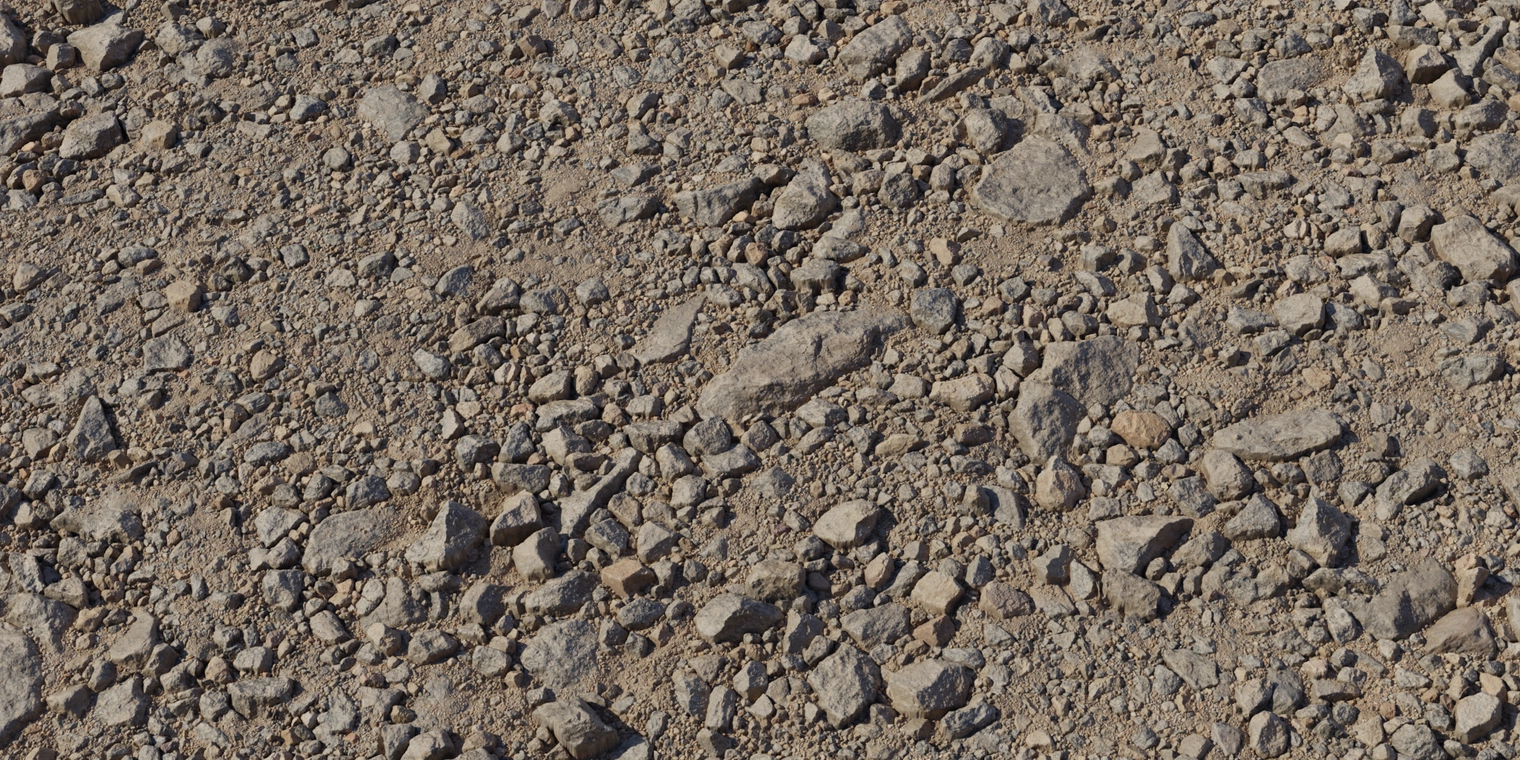 Free 8K texture of a rough, uneven rocky trail - compacted earth with mixed gravel, chipped stones and weathered rock in warm brown-gray tones, high detail.