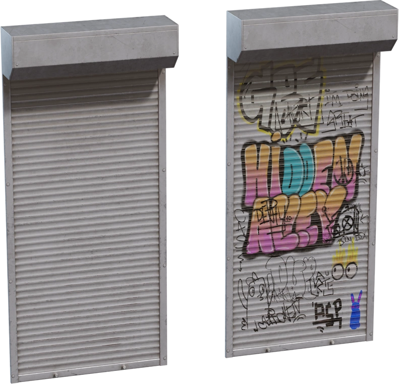 Free 8K model of a metal roller shutter door with top housing; realistic worn steel, rivets, dirt streaks and a colorful, graffiti-covered variant.