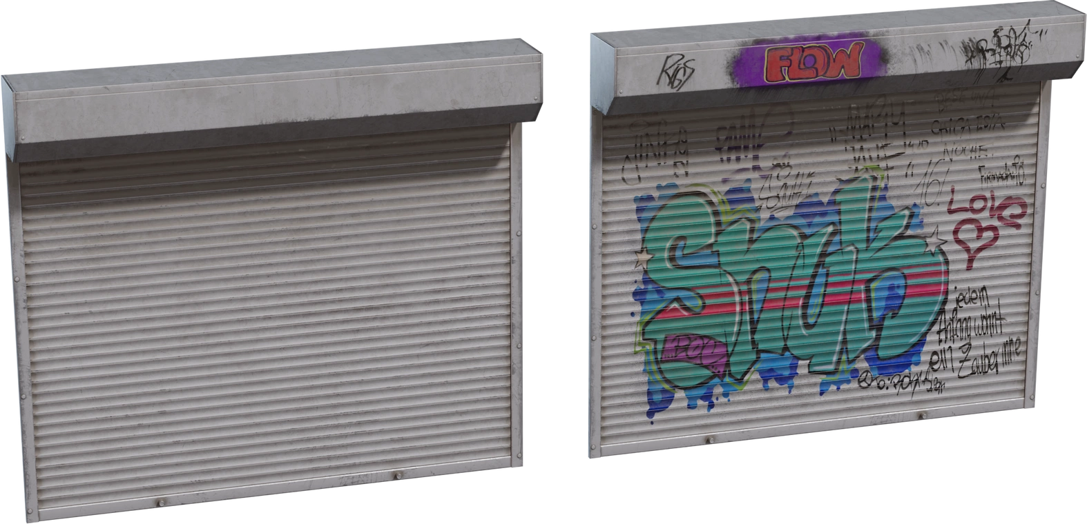 Free 8K model of an urban roller shutter with weathered metal slats, riveted frame and worn grime; includes a graffiti-covered variant with colorful tags.