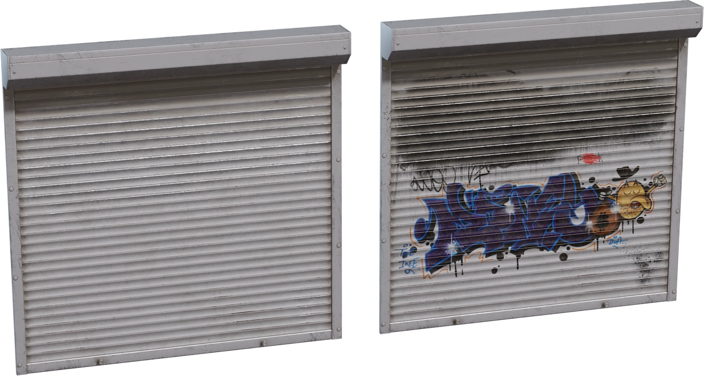 Free 8K model of an urban metal roller shutter: riveted frame, worn slats, grime and soot streaks; includes a clean and graffiti-tagged variant.