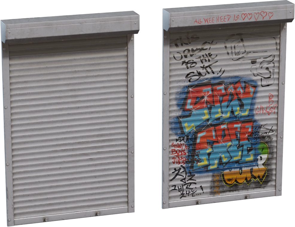 Free 8K metal roller shutter model with detailed slats, rivets, dents and grime - includes a clean and graffiti-strewn variant for an urban industrial look.