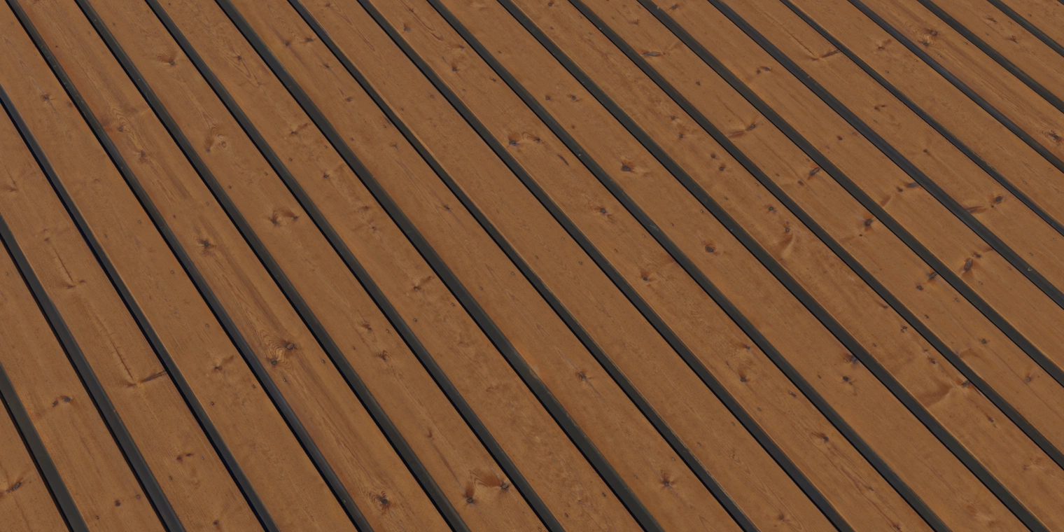 Free 8K texture of varnished weathered pine roof planks - realistic timber grain, knots and narrow seams; ideal for wooden floors, beams and rustic exteriors.