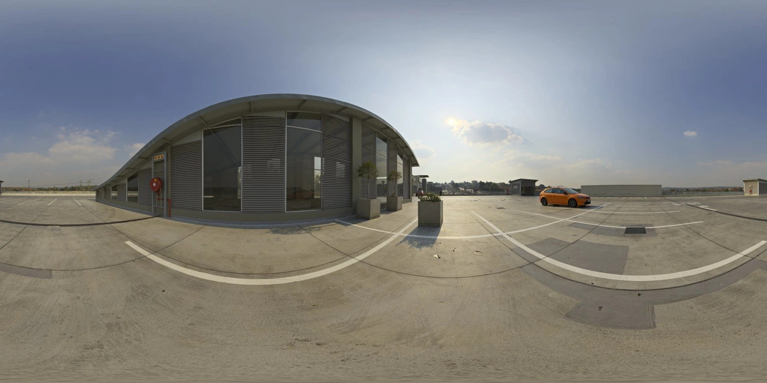 Free 16K unclipped HDRI of a rooftop parking, crisp, high-contrast morning/afternoon sun, partly cloudy sky, strong warm directional light with reflections.