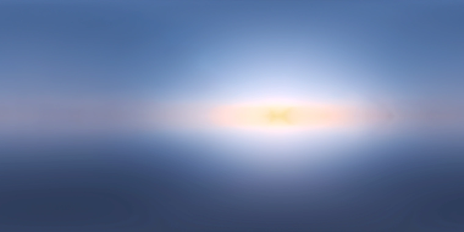 Free 20K unclipped HDRI - low-contrast sunset with a soft warm horizon glow and clear cool-blue sky, yielding gentle, natural ambient lighting.