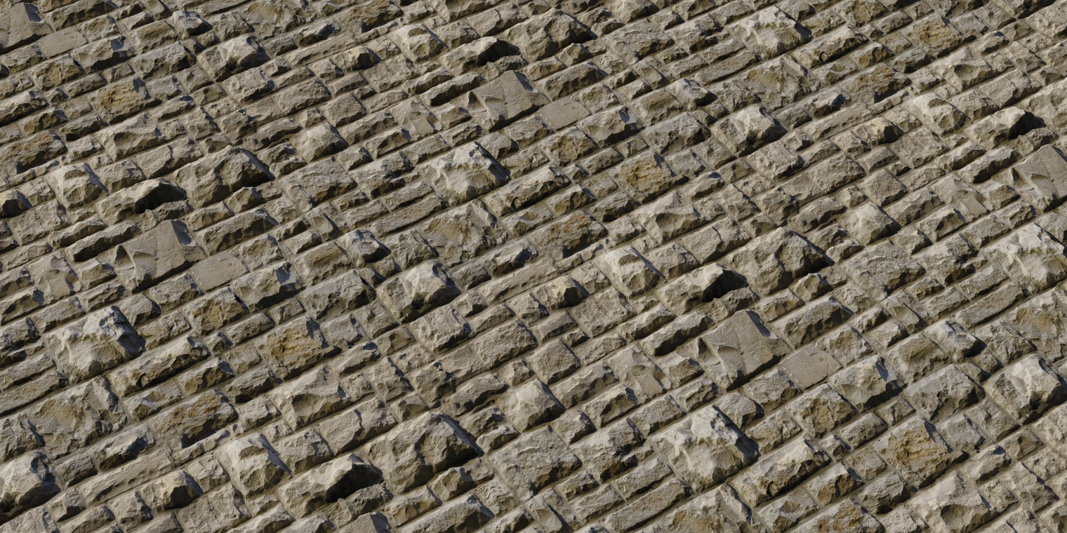Free 8K texture: rough, uneven cast-stone block wall with jagged faces, pronounced chisel marks, deep mortar joints and warm gray-brown weathered tones.