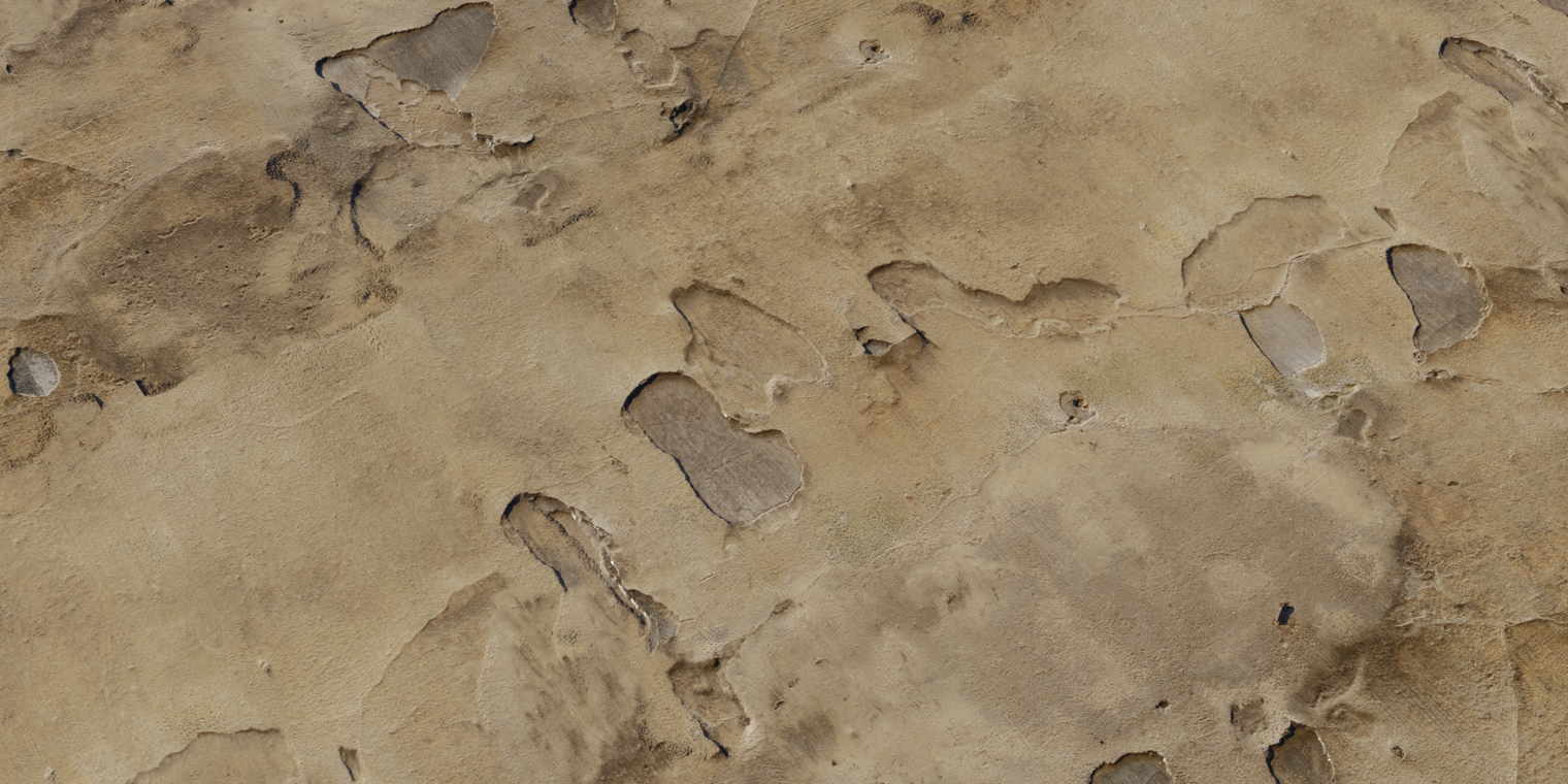 Free 8K texture of rough, weathered brown plaster - uneven, peeling patches over cement, scratched and dirty with pronounced chipped and damaged surface detail.