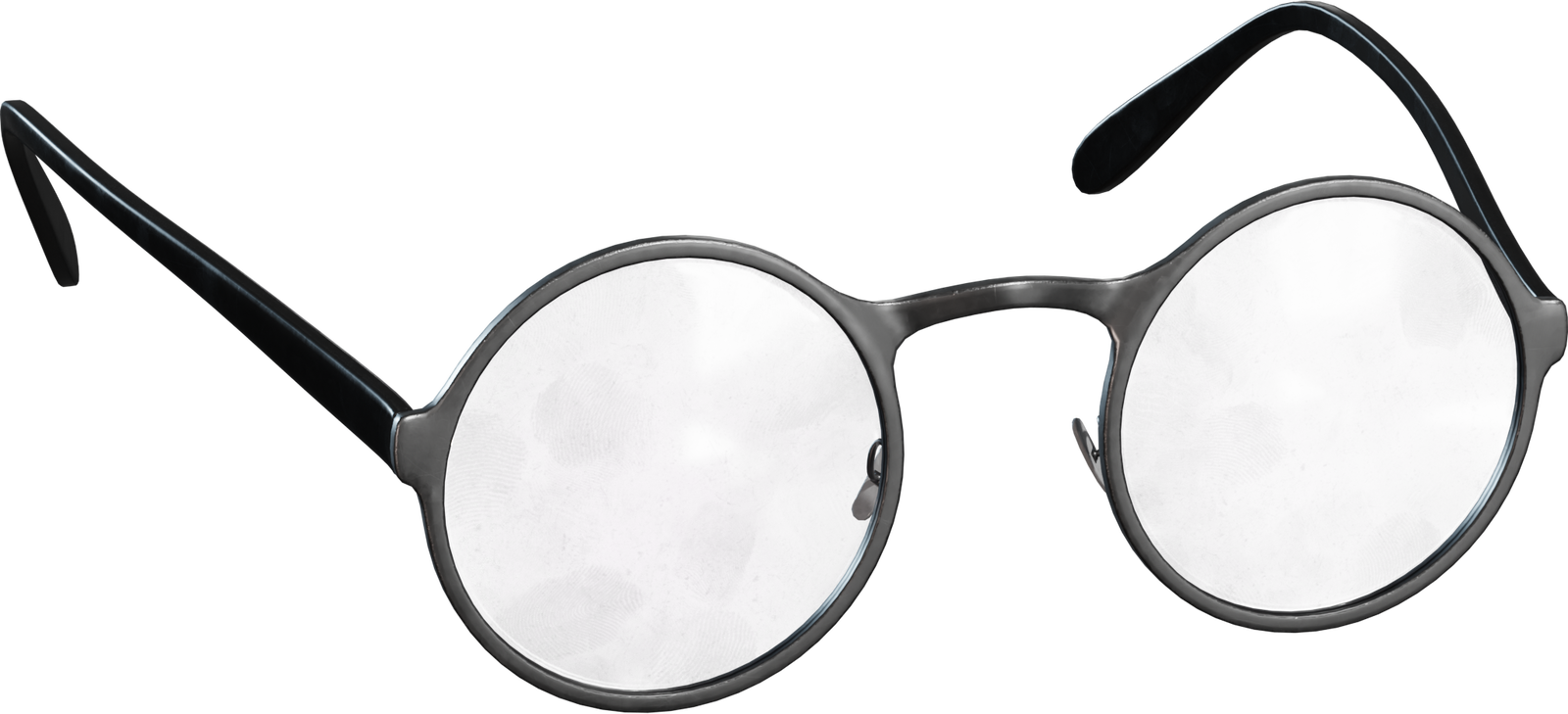 Free 8k model of vintage round spectacles with thin metal frame, reflective lenses, subtle wear, smudges, nose pads and curved temples.