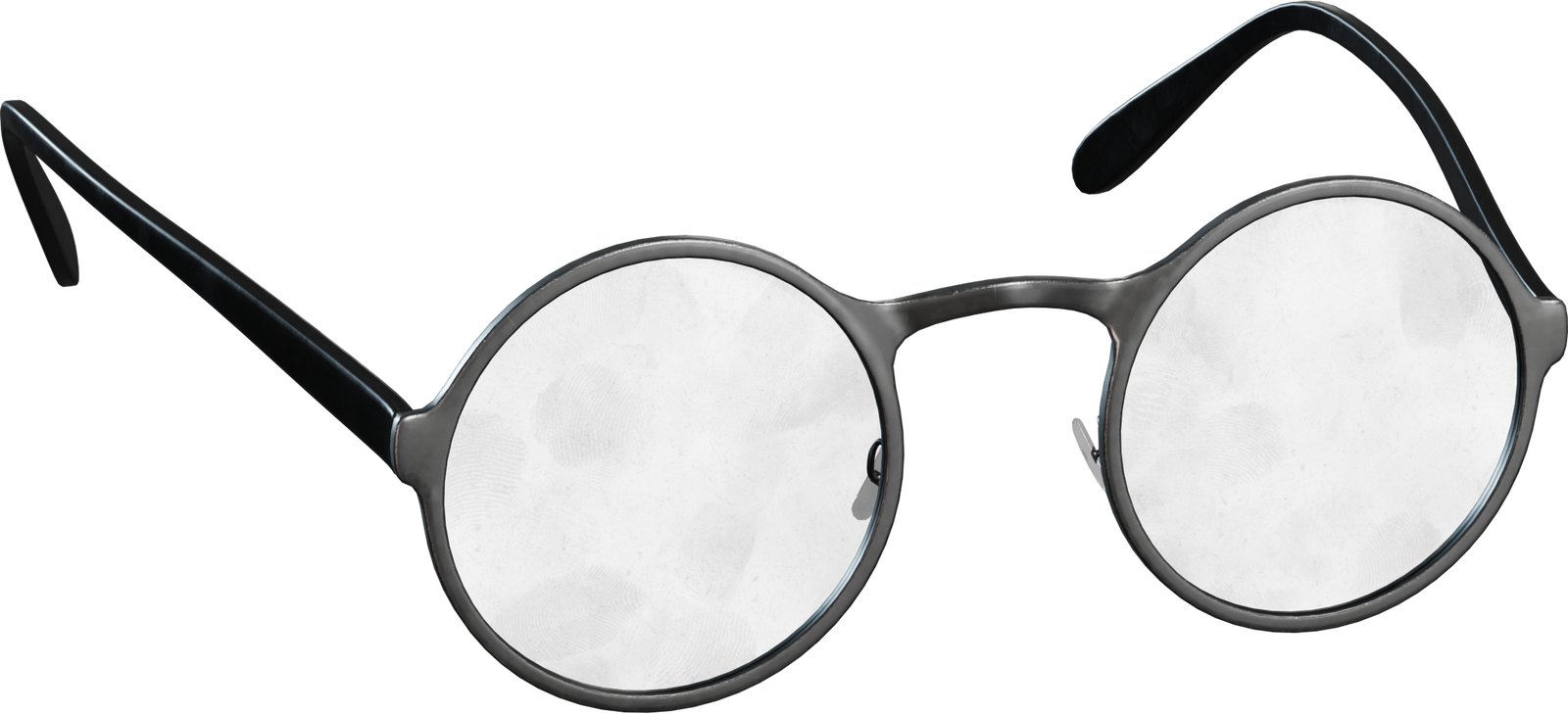 Free 8k model of vintage round spectacles with thin metal frame, reflective lenses, subtle wear, smudges, nose pads and curved temples.