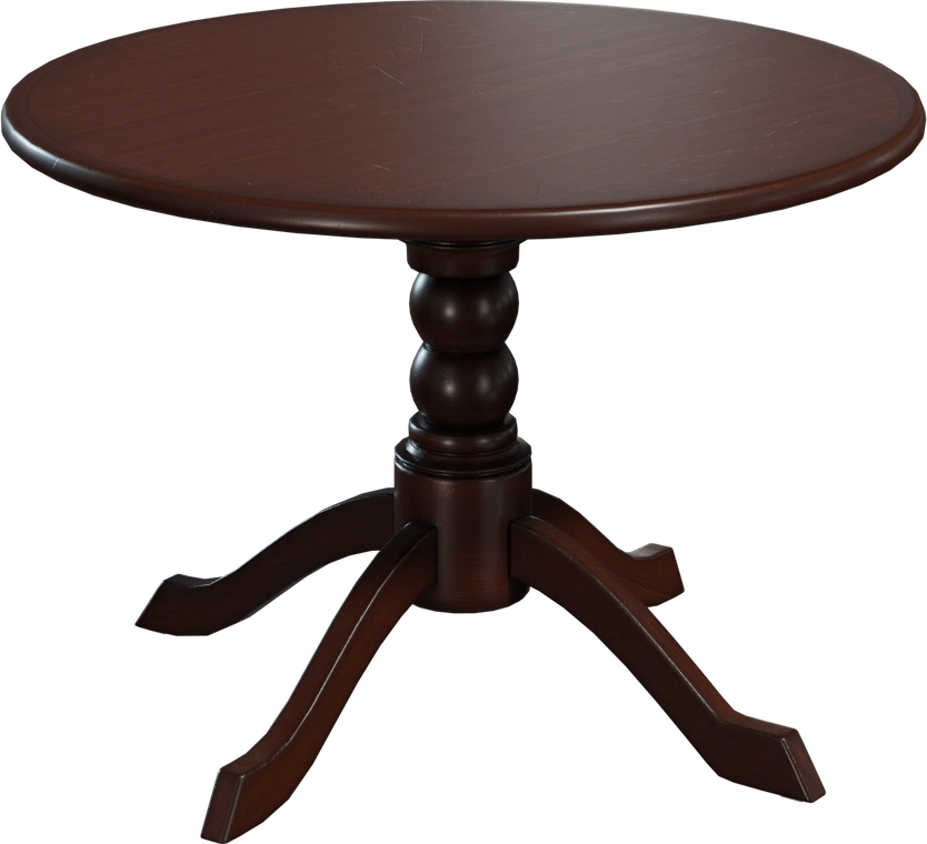 Free 8K model of a vintage round wooden table with a turned pedestal, splayed legs, dark polished finish and subtle surface wear.