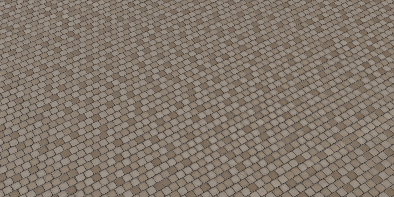 Free, 8K wall texture of small rounded-square ceramic tiles in warm beige tones with soft glaze, pronounced grout lines and subtle edge wear.
