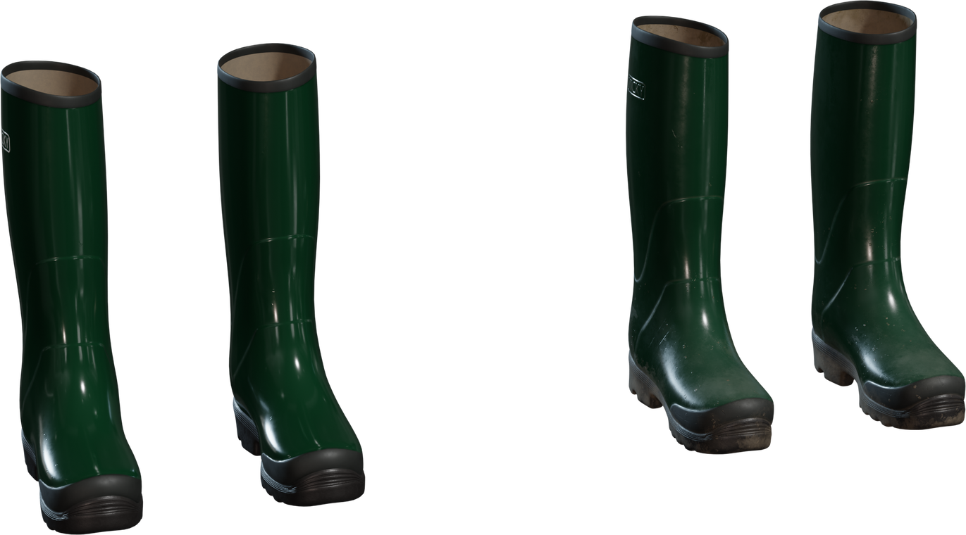Free 8K model: deep green rubber wellies, glossy shafts with black rims and toe guards, chunky tread soles, subtle seams, scuffs, mud splashes, embossed logo.