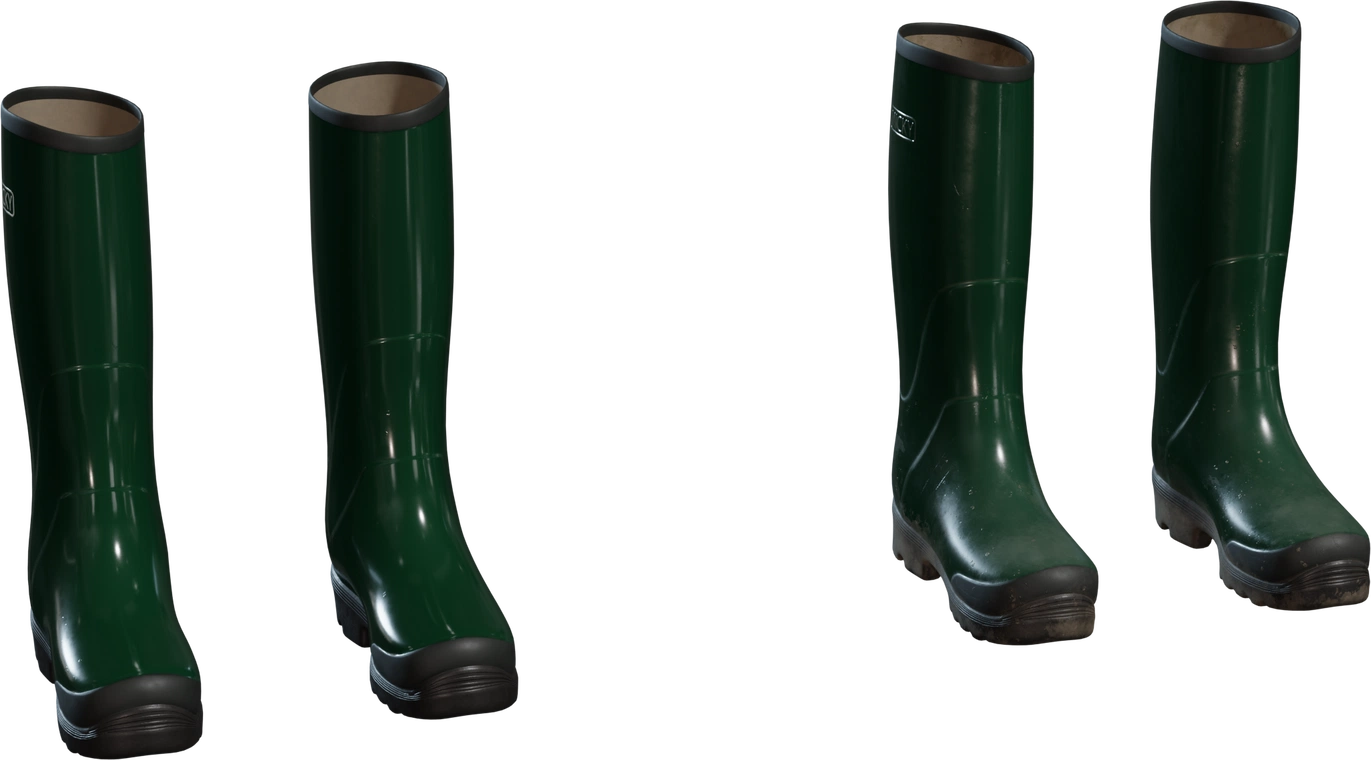Free 8K model: deep green rubber wellies, glossy shafts with black rims and toe guards, chunky tread soles, subtle seams, scuffs, mud splashes, embossed logo.