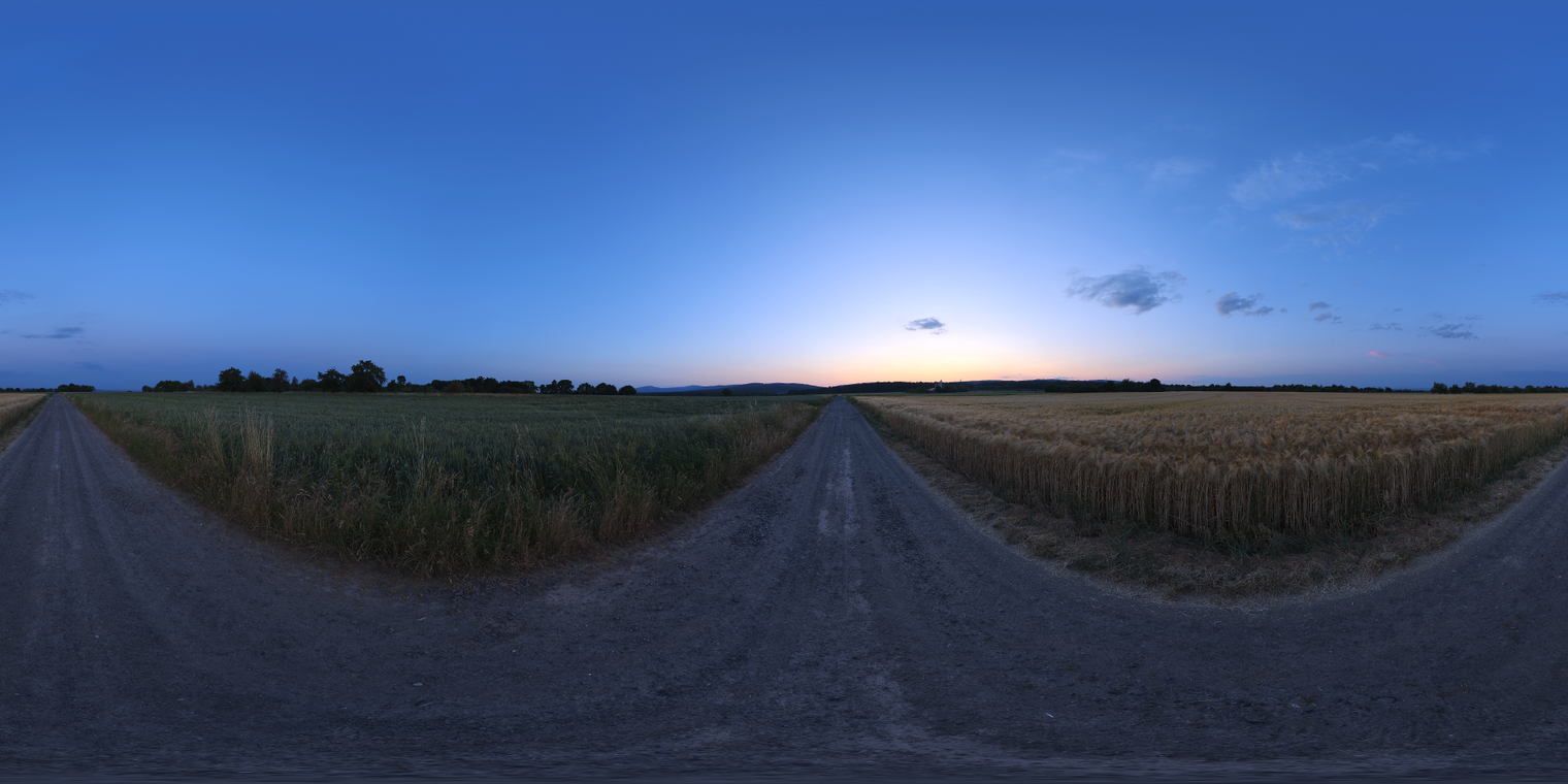 Free, unclipped 24K HDRI with soft, low-contrast sunset light over a rural dirt road, wheat fields and grass - ideal for natural outdoor renders and lighting.