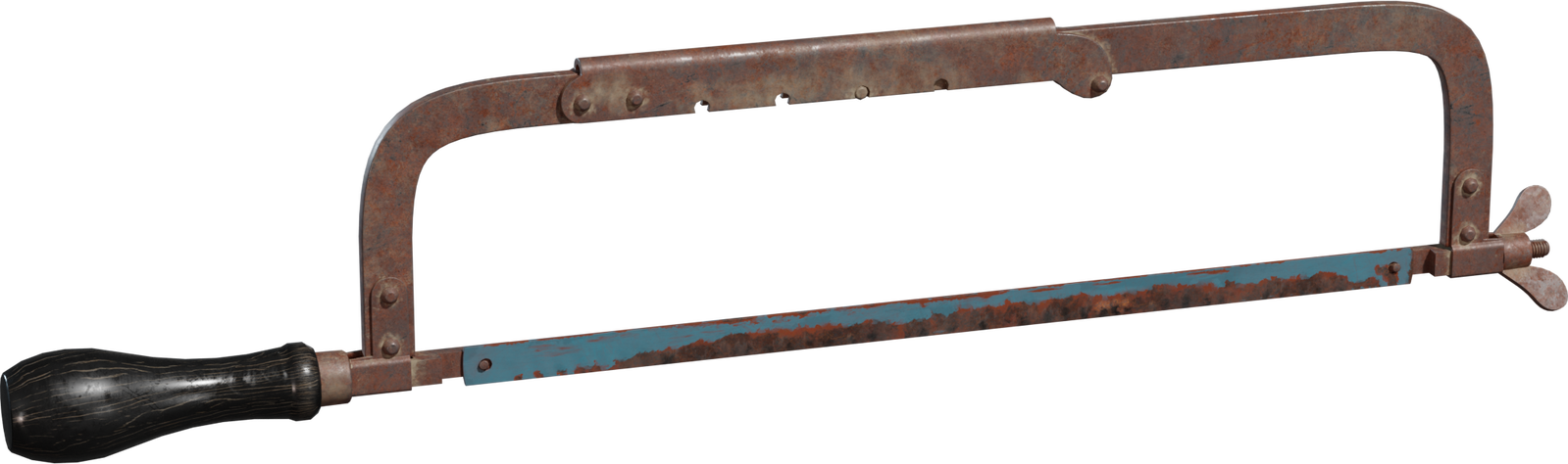 Free 8K model of a rusted hacksaw with pitted steel frame, flaking blue blade, wing-nut tensioner, and worn black wooden handle. Detailed wear and grime.