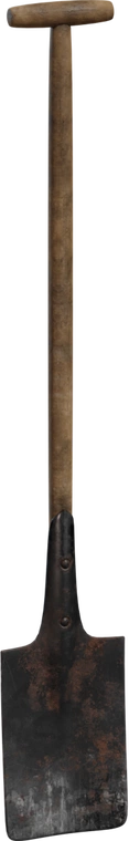 Free 4K model of a worn, vintage spade with a battered wooden handle, riveted ferrule and a rusted, chipped blade with weathered dirt and patina.