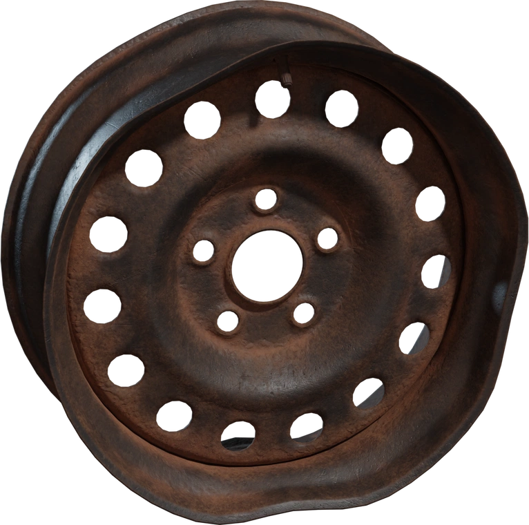Free 8K model of a dented, heavily rusted steel wheel rim featuring realistic pitting, worn edges, bolt holes, and authentic scrapyard corrosion.