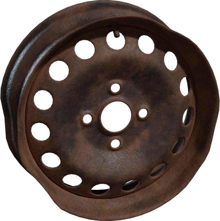 Free 8K model of a dented, heavily rusted steel wheel rim with pitted, flaking corrosion, bent lip and worn finish, rugged scrapyard character.