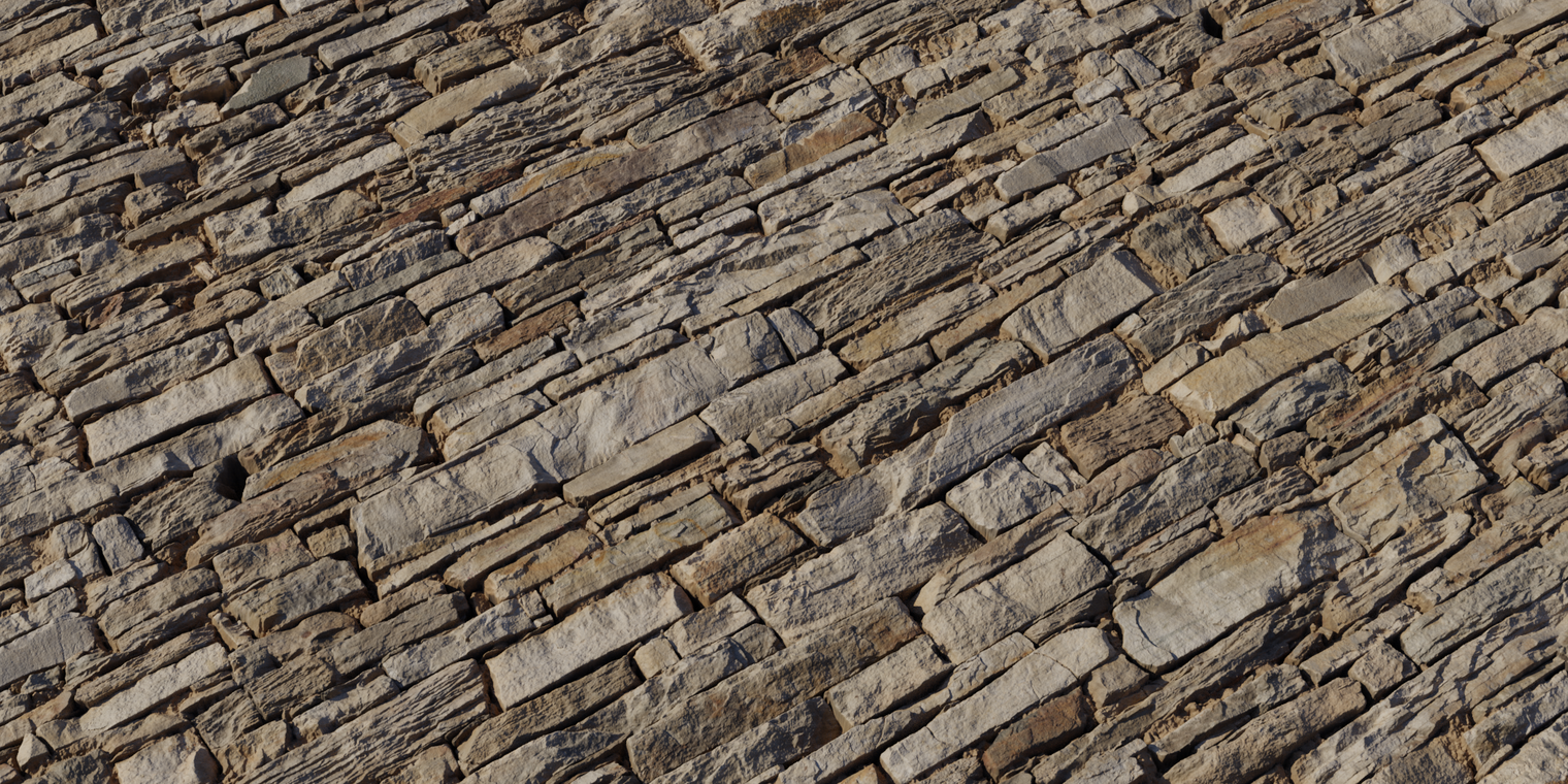 Free 16K texture of a rustic stone wall: rough, uneven stacked stonework with chipped edges, weathered cracks and warm beige-brown tones; high-detail relief.