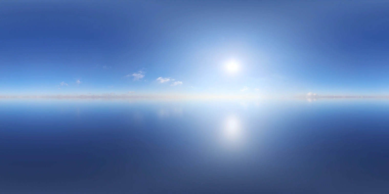 Free 16K, unclipped - bright morning/afternoon pure sky with a high-contrast sun, sparse soft clouds and calm blue horizon; natural, serene lighting.