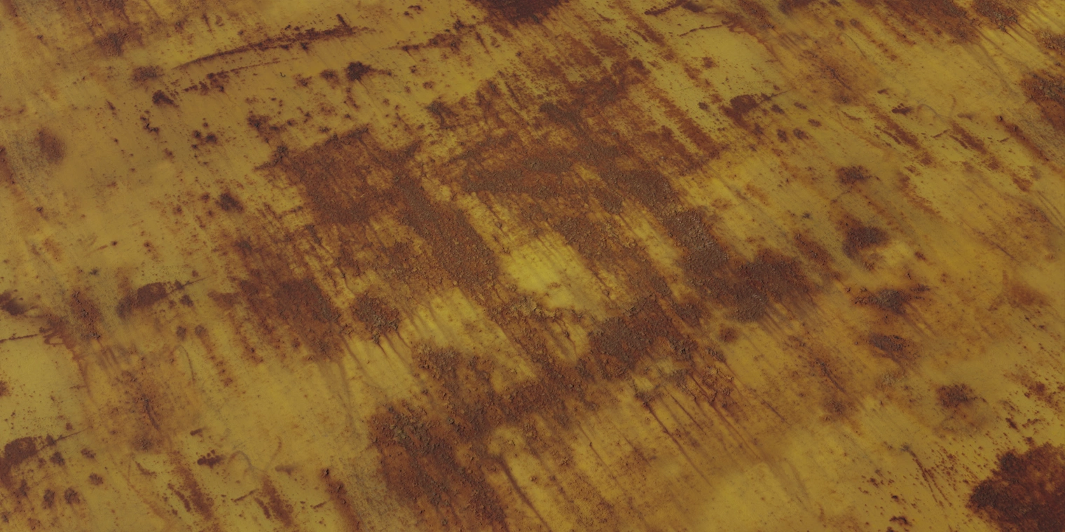 Free 16K texture of yellow painted metal with heavy brown rust: streaked, flaking, pitted and granular corroded patches over a worn, oxidized surface.