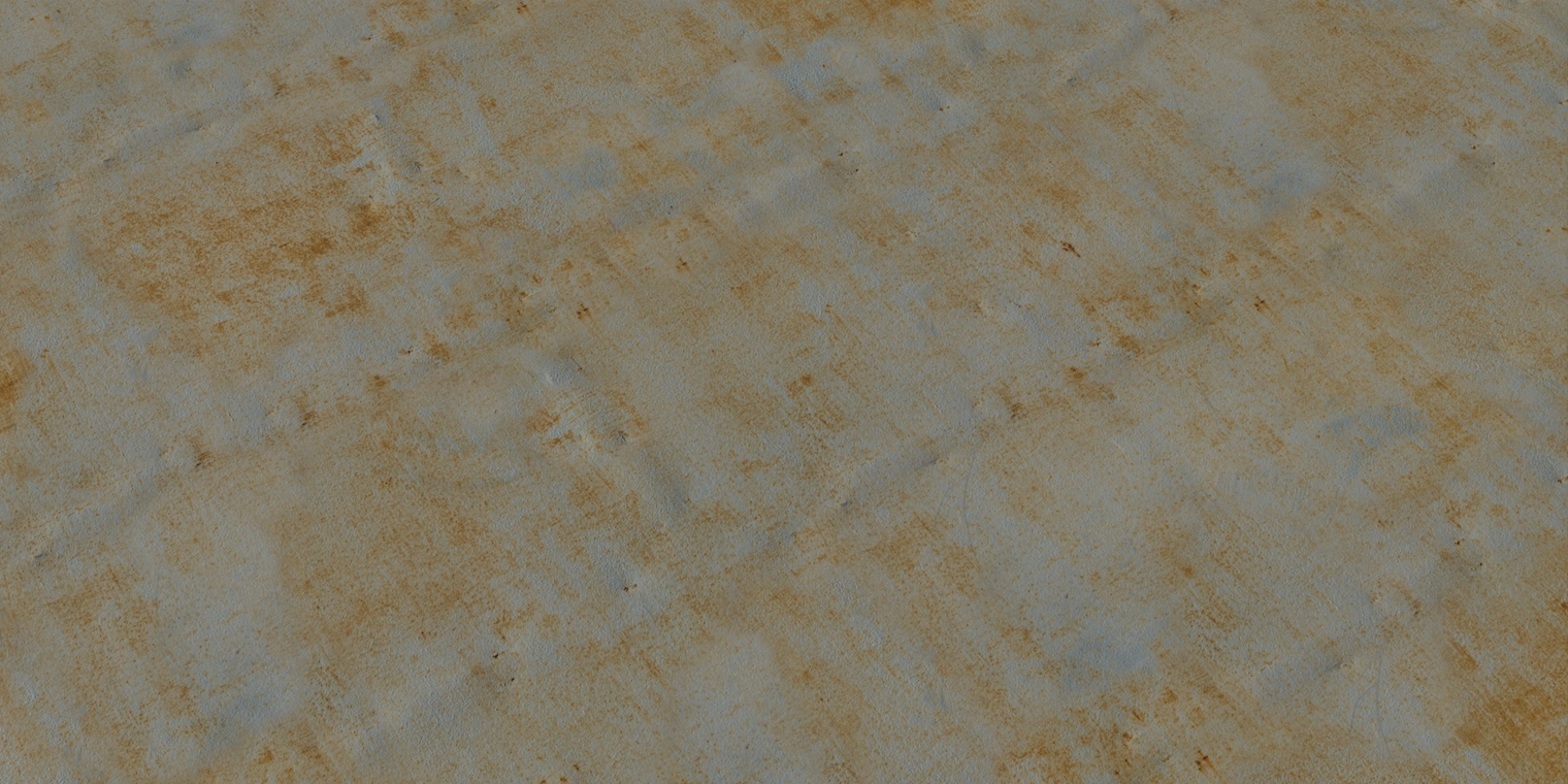 Free 16K texture of a corroded metal sheet: bluish-gray painted steel with orange-brown rust streaks, pitted, scratched surface and muted metallic sheen.
