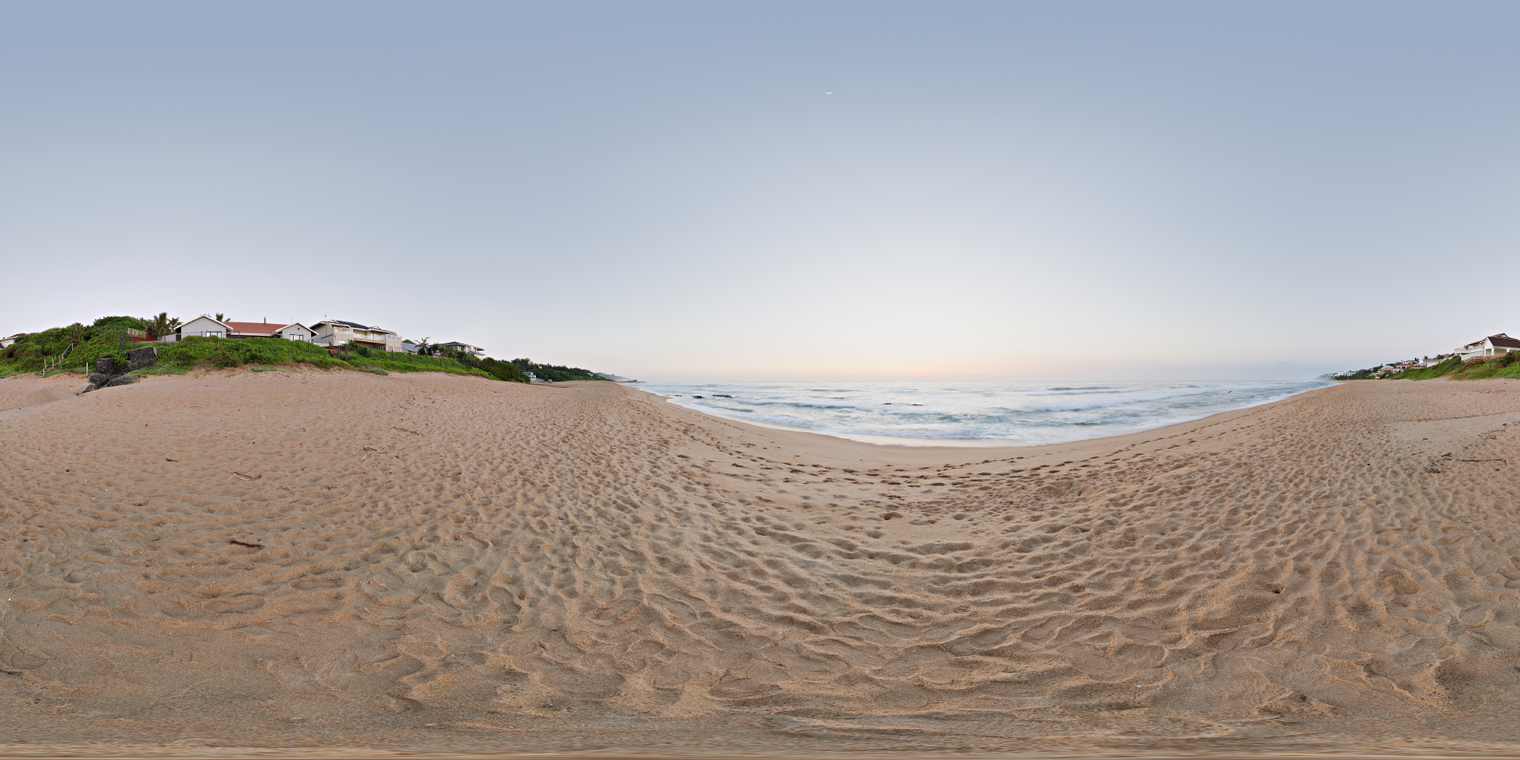 Unclipped, free 24K HDRI of a beach at dusk: pastel sky, calm surf, cool-blue ambiance, low contrast, soft shadows, warm horizon glow on trodden sand.
