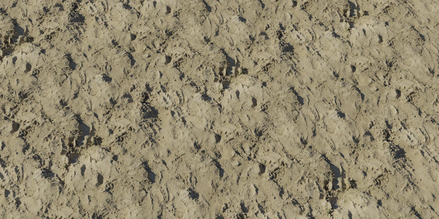 Free 8K texture of dry, trampled sand-clay with uneven, plaster-like surface - rough, compacted grains, shallow footprints and cracked, hard-packed patches.