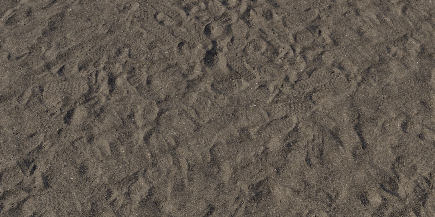 Free 8K texture: dark, gritty coastal sand with granular detail, wet-looking patches, subtle ripples and footprints for a dirty beach/shore surface.