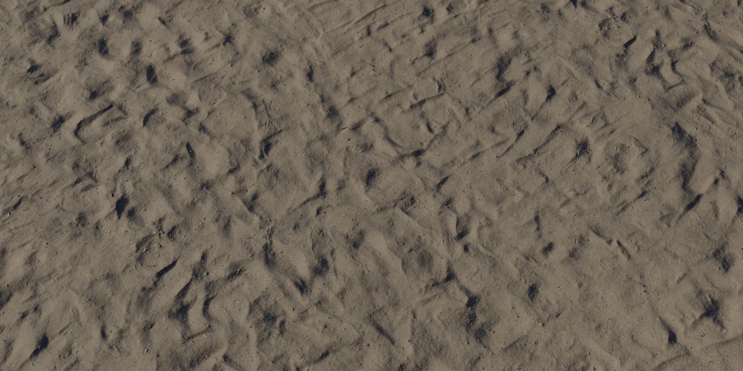 Free 8K sand texture with compacted, gritty grains, subtle ripple creases and worn, muted brown tones - coarse, sandy shore surface detail.