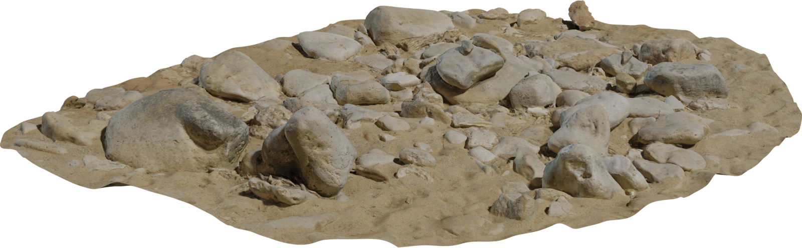 Free 8K model of a sandy shoreline patch with weathered coastal boulders, scattered pebbles and fine sand, realistic textures and natural coastal tones.