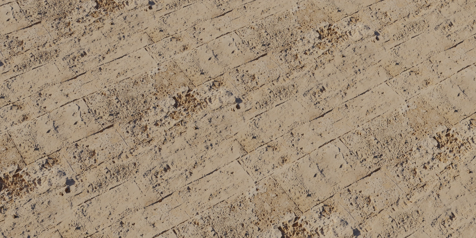 Free 8K texture of weathered sandstone blocks with rough, uneven faces, soft beige tones, thin block joints and subtle erosion on a flat wall surface.