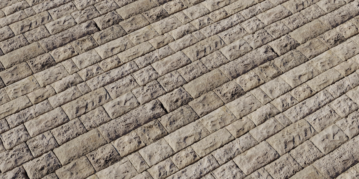 Free 8K texture - weathered sandstone block wall with large, uneven, rough-hewn stones in warm beige tones, pronounced surface relief and porous, eroded edges.