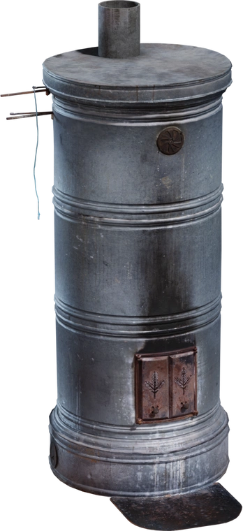 Free 8K model of a Scandinavian masonry heater - cylindrical metal wood stove with vintage patina, detailed door and realistic textures, perfect for cozy interiors.