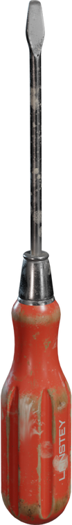 Free 4K model of a well-used flathead screwdriver with a chunky red handle, scuffed plastic, and worn steel shaft and ferrule. Realistic grime and scratches.