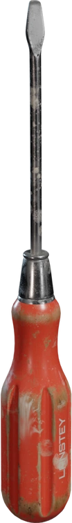 Free 4K model of a well-used flathead screwdriver with a chunky red handle, scuffed plastic, and worn steel shaft and ferrule. Realistic grime and scratches.