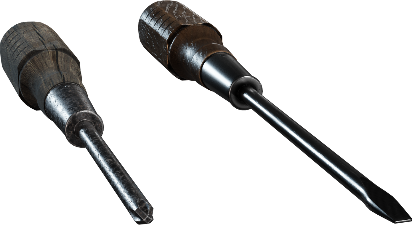 Free 8K model of two vintage wooden-handled screwdrivers, flathead and Phillips, with hex grips, aged steel ferrules, crisp wear, scratches, and wood grain.