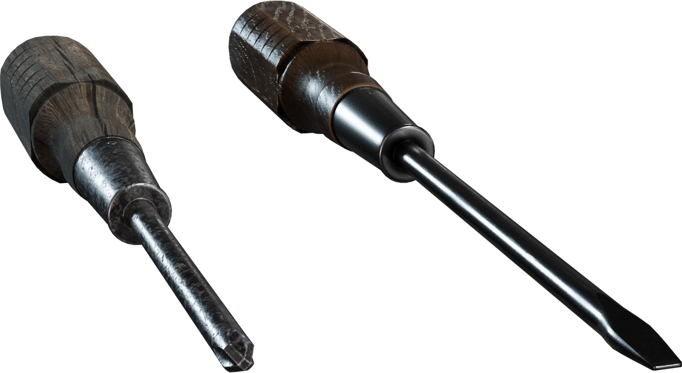 Free 8K model of two vintage wooden-handled screwdrivers, flathead and Phillips, with hex grips, aged steel ferrules, crisp wear, scratches, and wood grain.