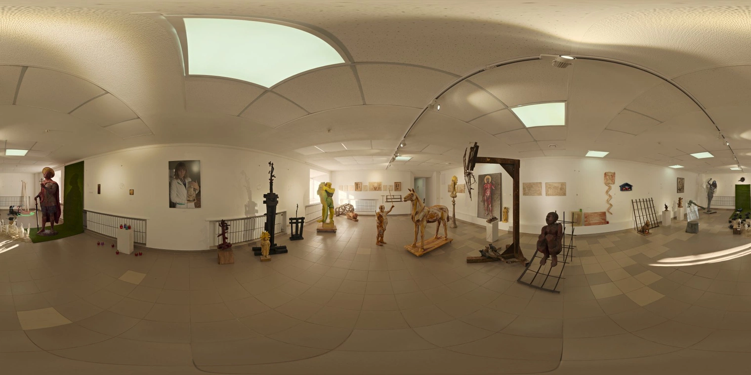 Free 17K unclipped HDRI of an indoor sculpture exhibition: soft overhead fluorescent panels and spotlights, warm neutral tones, medium contrast, gentle shadows and subtle reflections.