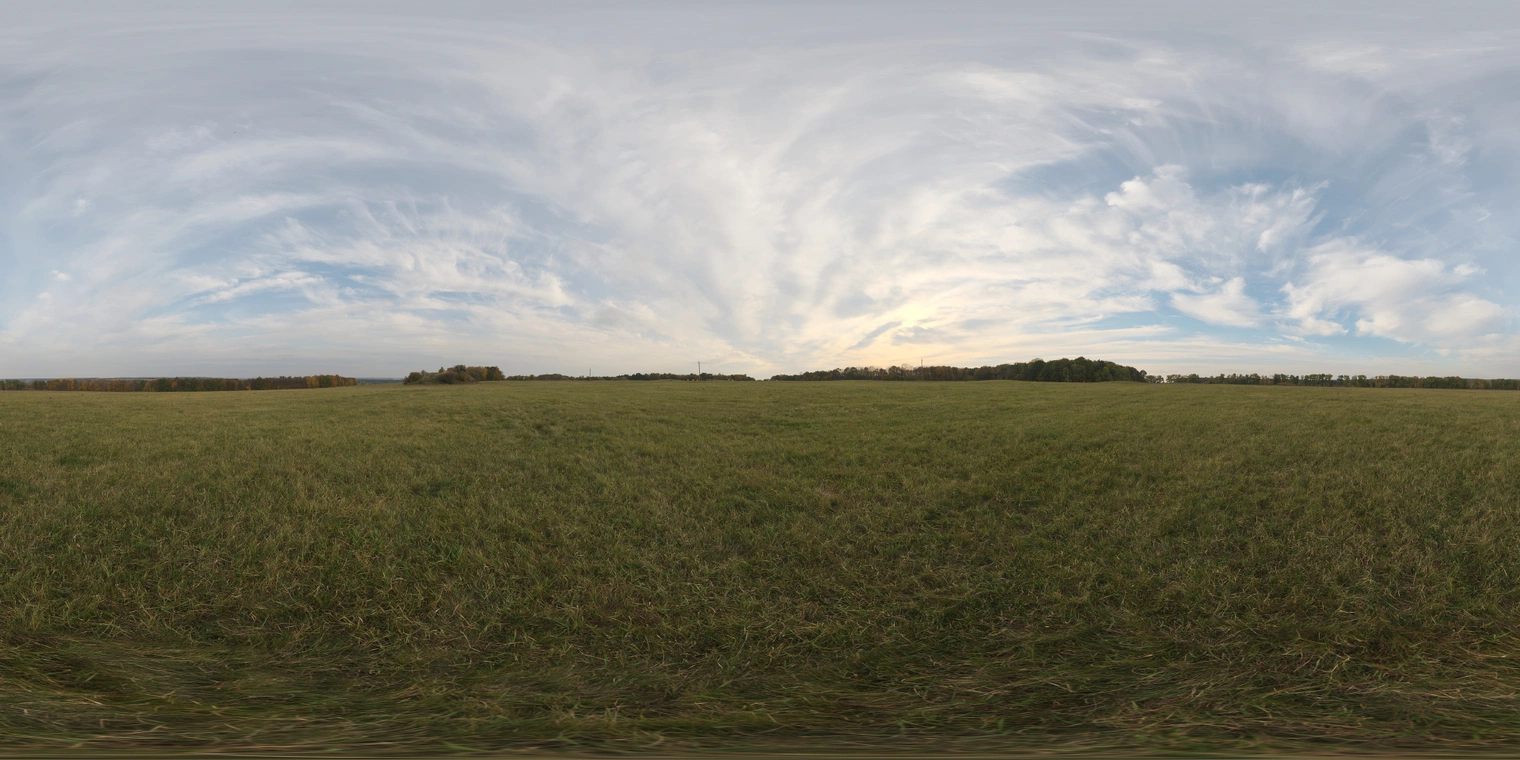 Free 16K unclipped HDRI: low-contrast sunrise over a wide grassy field, soft warm horizon glow, cool diffuse skylight and a gentle partly-cloudy sky.