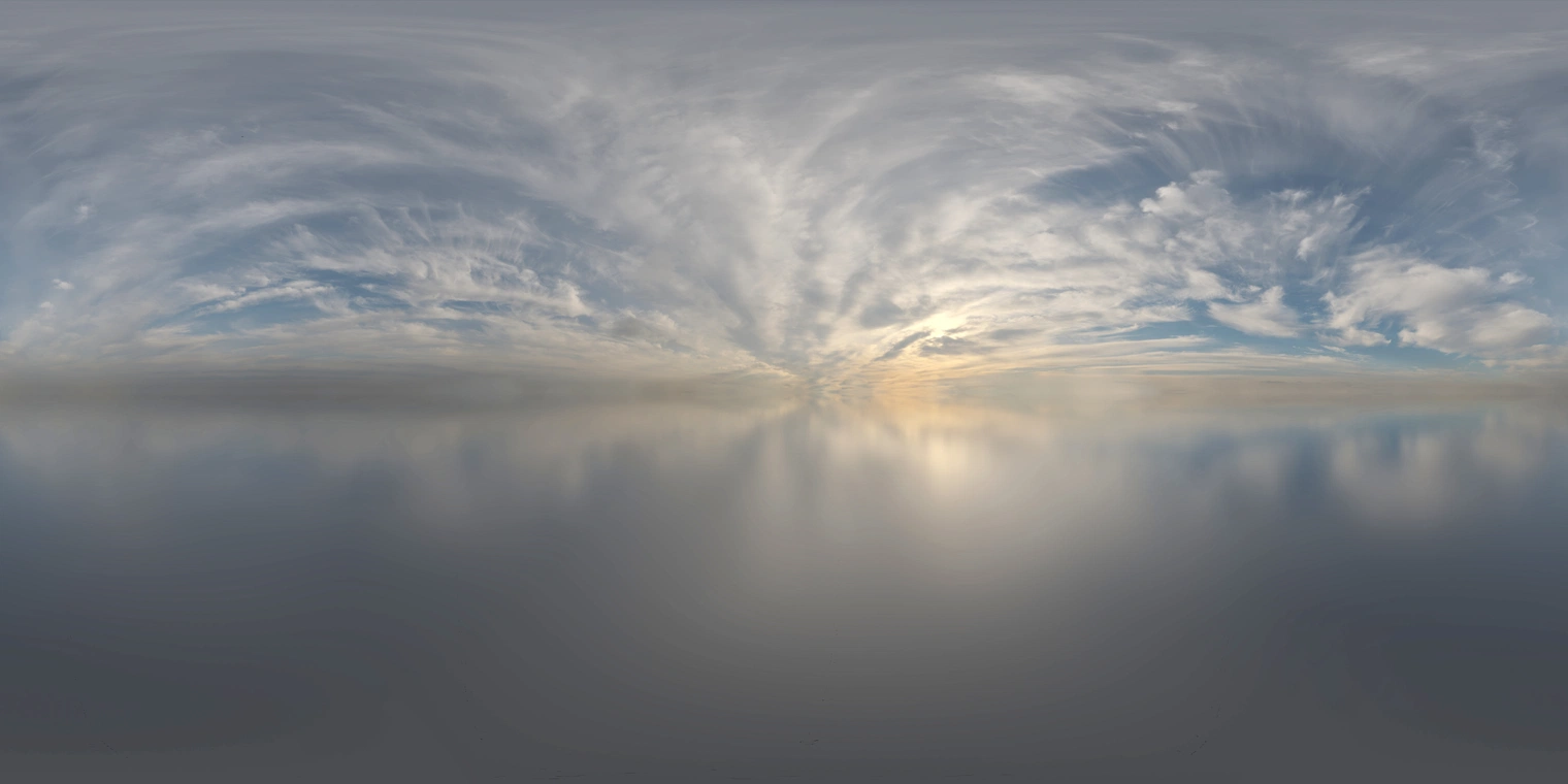 Free 16K, unclipped HDRI with soft, low-contrast sunrise light, warm sun glow and delicate streaky clouds for a calm, pastel sky mood.