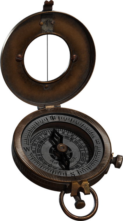 Free 8K brass compass model with aged patina, hinged lid and sight wire. Engraved dial, knurled rim and ring loop give it a rugged nautical, antique feel.