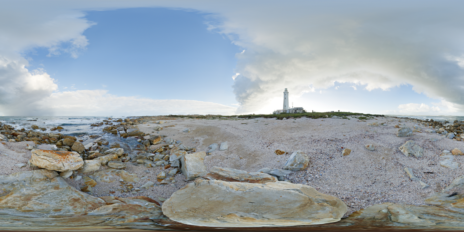 Unclipped, free 24K HDRI of Seal Point Lighthouse on a rocky coast: bright daylight, dramatic clouds, cool tones, and soft shadows.