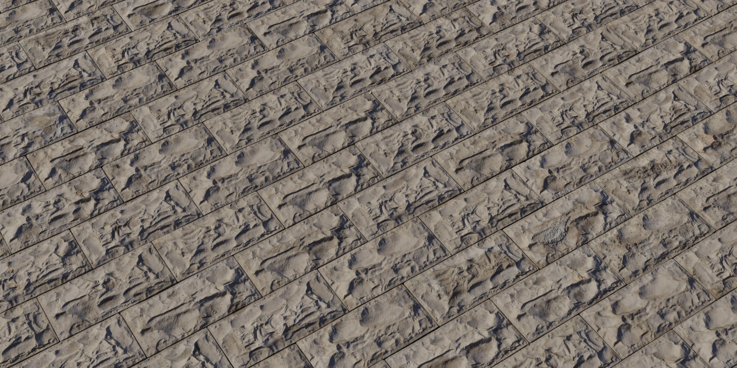 Free 8K material: seaworn stone tiles - coarse, timeworn cast-stone blocks with pitted, eroded faces, crisp joints and muted brown-gray tones.