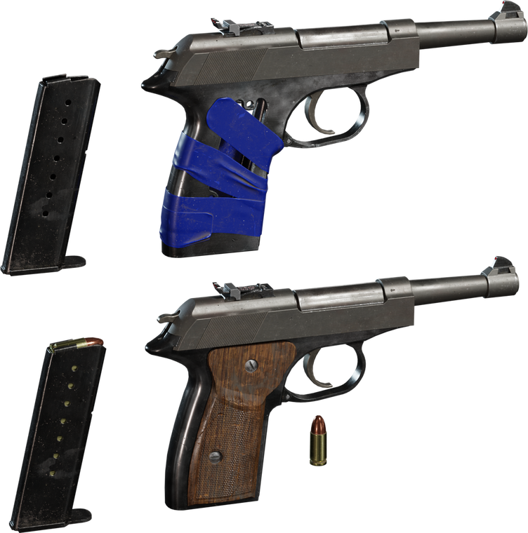 Free 4k model of a worn pistol with realistic metal surfaces, two grip variants (wood and blue tape), detachable magazines, and bullets.