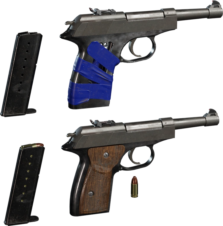 Free 4k model of a worn pistol with realistic metal surfaces, two grip variants (wood and blue tape), detachable magazines, and bullets.